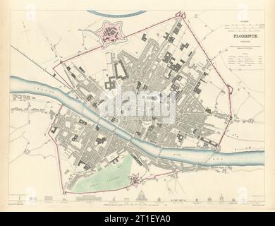 Firenze Firenze. Città antica città mappa piano. Edifici chiave profili. SDUK 1844 Foto Stock