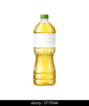 Bottiglia di olio di girasole modello 3d vettoriale, contenitore di prodotti vegetali freschi e puri, design del marchio con etichetta vuota e tappo verde. olio sano di qualità superiore in stile e semplicità Illustrazione Vettoriale