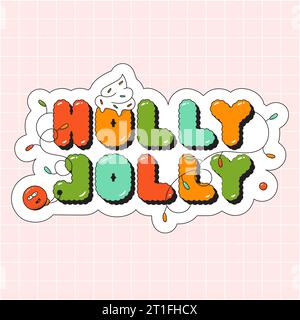 Adesivo Christmas Groovy Holly Jolly. Cappellino cremoso per giocattoli Noel garland. Illustrazione Vettoriale