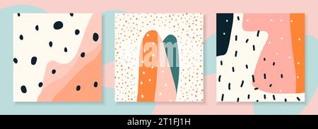 Crea sfondi astratti di arte contemporanea disegnati a mano. Simpatici modelli quadrati alla moda per i post sui social media. Colleziona simpatici striscioni con Illustrazione Vettoriale