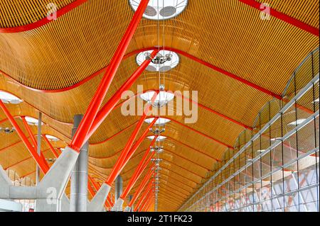 Vista dal basso angolo delle caratteristiche architettoniche del soffitto. La struttura è supportata da colonne metalliche. Ci sono lucernari per l'efficienza energetica. Foto Stock
