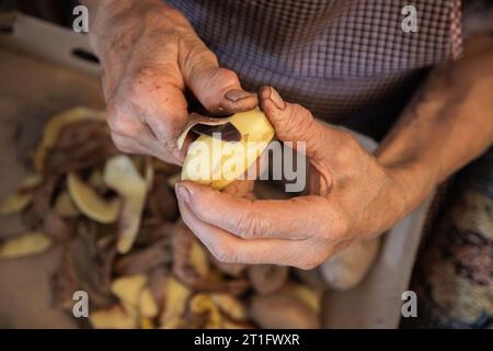 Le mani di una donna anziana che fa il lavoro domestico di pelare le patate. Mani anziane con problemi articolari, osteoartrite. Foto Stock