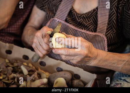 Le mani di una donna anziana che fa il lavoro domestico di pelare le patate. Mani anziane con problemi articolari, osteoartrite. Foto Stock