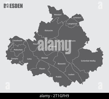 Mappa amministrativa di Dresda isolata su sfondo grigio, Germania Illustrazione Vettoriale