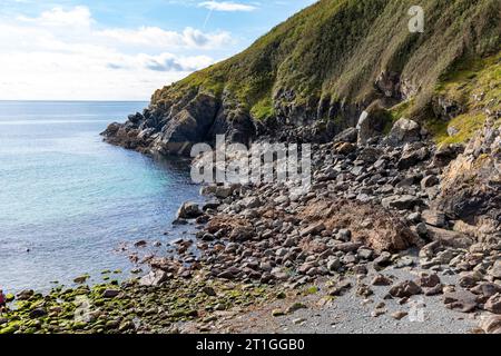 Piccola insenatura a Cadgwith Village, Lizard Peninsula, Cornwall, UK stoney Beach con costa oceanica Foto Stock