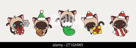 Collezione di Vector Christmas Siamese Cat Art Set di illustrazione Kitty Capodanno per adesivi. Illustrazione Vettoriale