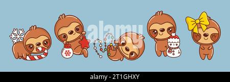 Set di illustrazioni Vector Christmas Sloth. Collezione di Kawaii Christmas Animal for Stickers. Illustrazione Vettoriale