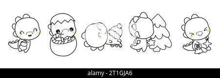 Set di Kawaii Christmas Dino Coloring Page. Collezione di simpatici disegni Vector Christmas Dinosaur Outline Illustrazione Vettoriale