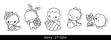 Set di pagina colorata Vector Christmas Dino. Collezione di Kawaii Outline isolata del dinosauro di Capodanno Illustrazione Vettoriale