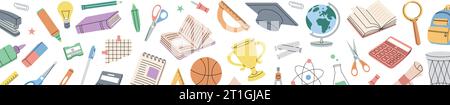Striscione orizzontale accessori scuola. Torna a scuola. Diploma, quaderno, microscopio, provetta, matita, graffetta, gomma, borsa, calcolatrice. Illustrazione Vettoriale