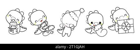 Set di Kawaii Christmas Dino Coloring Page. Collezione di simpatici disegni Vector Christmas Dinosaur Outline Illustrazione Vettoriale