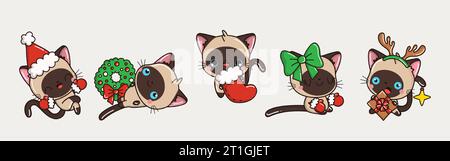 Set di Kawaii Christmas Siamese Cat Vector. Collezione di illustrazioni Vector Xmas Cat per adesivi Illustrazione Vettoriale