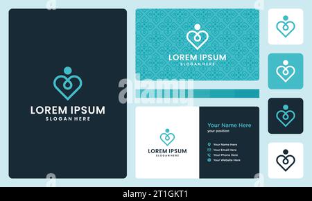 logo del cuore e persone come lo yoga. icone per il lusso aziendale, elegante e semplice. Modello di disegno dei biglietti da visita Illustrazione Vettoriale