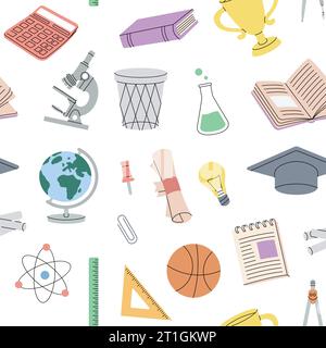 Modello di forniture scolastiche. Banner senza cuciture per accessori scolastici. Banner di ritorno a scuola. Illustrazione vettoriale. Illustrazione Vettoriale