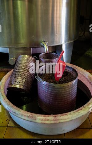 Vendemmia, fermentazione del succo di uve pigiate rosse in tini di acciaio, vitigno Cabernet Sauvignon proveniente dai vigneti Haut-Medoc di Bordeaux, a sinistra Foto Stock