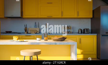 interni moderni della cucina con mobili da cucina di colore giallo intenso e rendering 3d. Foto Stock