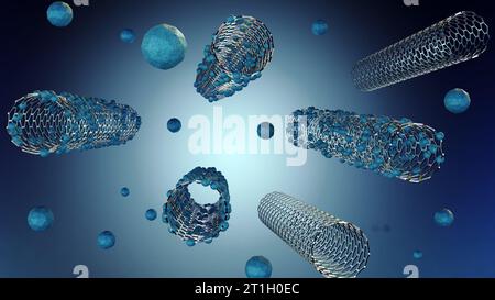 Nanotubi di carbonio (CNT) come vettori per la somministrazione del farmaco. Molecole di farmaci coniugate sul rendering 3d del corpo del nanotubo di carbonio Foto Stock