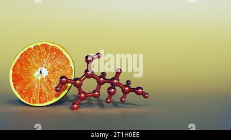 Acido ascorbico o molecola di vitamina c con rendering 3d di frutti arancioni tagliati a metà Foto Stock