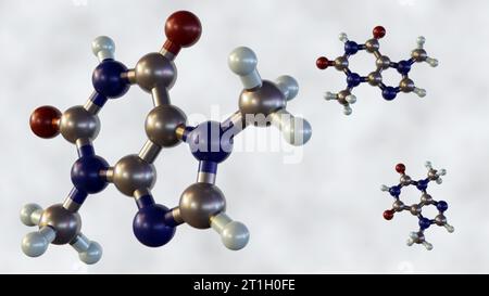 La teobromina o xanteosio, è l'alcaloide principale di Theobroma cacao. Molecole di teobromina isolate nel rendering 3d su sfondo bianco Foto Stock