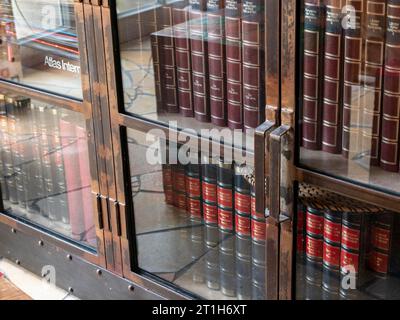 Libri ed enciclopedie in una vecchia cassa in vetro con metallo, libreria Foto Stock