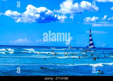 Nuotatori colorati Surfers barca a vela Waikiki Beach Honolulu Oahu Hawaii Foto Stock