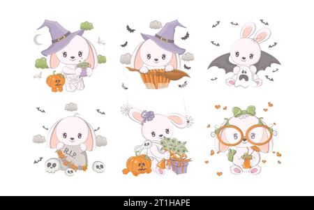 Set di Cartoon Halloween Rabbit. Collezione di illustrazioni della lepre vettoriale di Halloween. Illustrazione Vettoriale