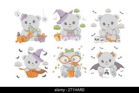 Set di Cartoon Halloween Bear. Collezione di carine illustrazioni Vector Halloween Animal. Illustrazione Vettoriale