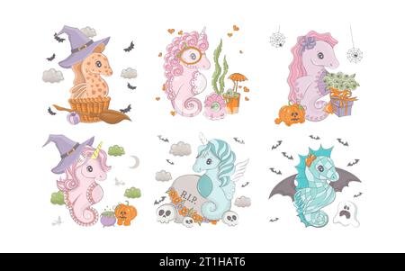 Set di Cartoon Halloween Seahorse. Collezione di carine illustrazioni Vector Halloween Animal. Illustrazione Vettoriale