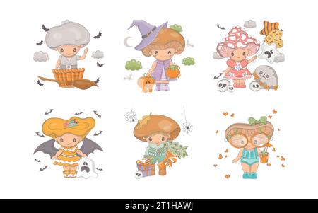 Set di funghi Halloween Cartoon. Collezione di illustrazioni di funghi Vector Halloween. Illustrazione Vettoriale