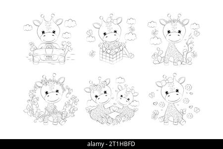 Set di Cartoon Isolated Giraffe Coloring Page. Collezione di carini animaletti Vector Cartoon Outline Illustrazione Vettoriale
