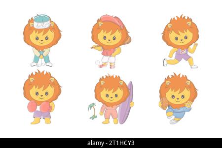 Set di Cartoon Isolated Lion. Collezione di carine illustrazioni di animali da cartone animato Vector per adesivi Illustrazione Vettoriale