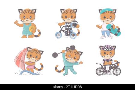 Set di Cartoon Isolated Tiger. Collezione di carine illustrazioni di animali da cartone animato Vector per adesivi Illustrazione Vettoriale
