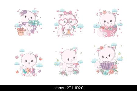 Set di cartone isolato Cat. Collezione di graziose illustrazioni Vector Cartoon Kitten Illustrazione Vettoriale