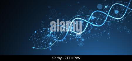 Catena di DNA al neon brillante. Biotecnologia, biochimica, scienza, concetto di medicina. Modello geneering genetico. Illustrazione Vettoriale