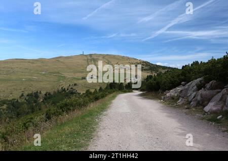 Italien, Südtirol 11. Oktober 2023 Hier der Blick auf das Rittner Horn, Rittnerhorn, einem Gipfel oberhalb des Ritten, Hochplateau, Gemeinde Barbian, mit Sendemast und Rittner-Horn-Haus, davor am Hang ein Skilift, wandern, spazieren, Ausblick, Panorama, Bergsteigen, Alpin, Tourismus, Wanderweg *** Italia, alto Adige 11 ottobre 2023 qui la vista del Corno di Rittner, Rittnerhorn, una vetta sopra il Ritten, altopiano, comune Barbiano, con albero di trasmissione e casa del Corno di Rittner, di fronte ad esso sulla pista uno skilift, escursioni, passeggiate, vista, panorama, alpinismo, alpino, turismo, hiki Foto Stock