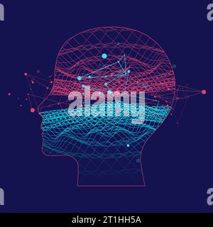 Contorno di una testa umana con un'onda astratta. Effetto plesso. Illustrazione Vettoriale