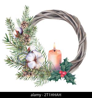 Corona di Natale composta da rami di abete, vischio, cotone e candele. Illustrazione acquerello. Natale e Capodanno. Decorazioni per la casa Foto Stock
