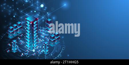 Concetto isometrico di big data, database. Background tecnologico astratto. Illustrazione vettoriale Illustrazione Vettoriale