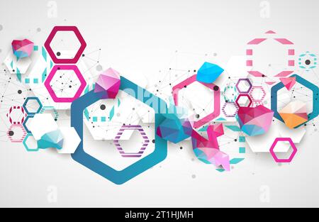 Matrice geometrica esagonale. Sfondo astratto. Scienza e concetto di vettore di connessione. Illustrazione Vettoriale