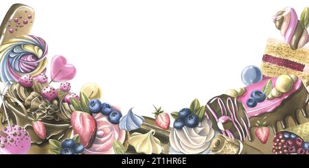 Torte con brownies, ciambelle, marshmallow, lecca lecca, fragole e mirtilli. Illustrazione acquerello disegnata a mano. Template, cornice bianca Foto Stock