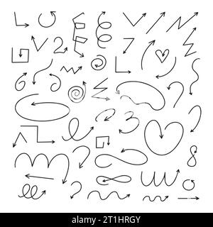 Una serie di linee di frecce sottili Doodle. Elementi vettoriali di una freccia disegnata a mano isolati su bianco. Frecce semplici e moderne Illustrazione Vettoriale