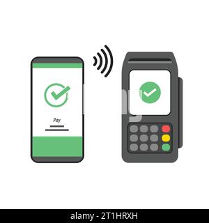 Tecnologia di trasferimento dei pagamenti senza contatto NFC registratore di cassa e design vettoriale per smartphone Illustrazione Vettoriale