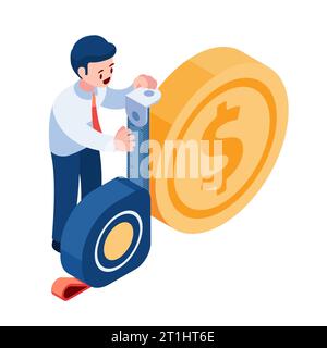 Uomo d'affari isometrico 3d piatto che misura moneta. Analisi finanziaria e pianificazione degli investimenti. Illustrazione Vettoriale