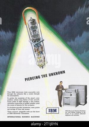 1951 IBM Electronic Business Machines ad. Tubo elettronico IBM. "Perforare l'ignoto." Foto Stock