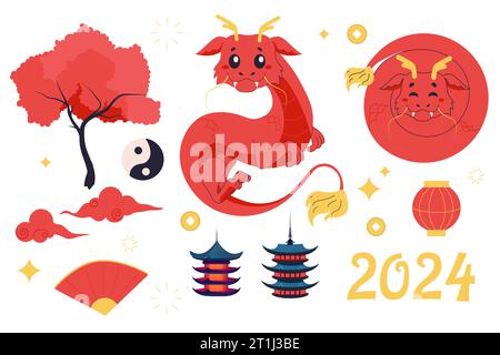 Set 2024 anno del drago cinese, drago carino, pagode, nuvole, lanterna. Illustrazione di cartoni animati vettoriali su sfondo bianco Illustrazione Vettoriale