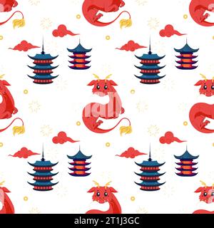 Drago cinese con motivo senza cuciture, rosso carino 2024. Illustrazione di cartoni animati vettoriali Illustrazione Vettoriale