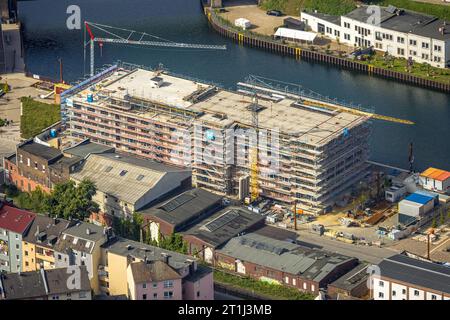 Luftbild, Dortmunder Hafen, Baustelle mit Neubau an der Speicherstraße Hafenpromenade, Hafen, Dortmund, Ruhrgebiet, Nordrhein-Westfalen, Deutschland ACHTUNGxMINDESTHONORARx60xEURO *** Vista aerea, porto di Dortmund, cantiere con nuova costruzione sul lungomare del porto di Speicherstraße, porto, Dortmund, zona della Ruhr, Renania settentrionale-Vestfalia, Germania ATTENTIONxMINESTHONORARx60xEURO credito: Imago/Alamy Live News Foto Stock