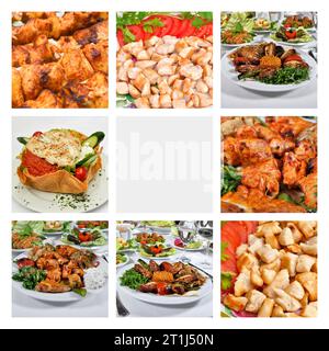 Brochure e volantini per ristoranti di kebab di pollo turco, collage di varietà di kebab di pollo di cucina turca, brochure di kebab trasparente Foto Stock