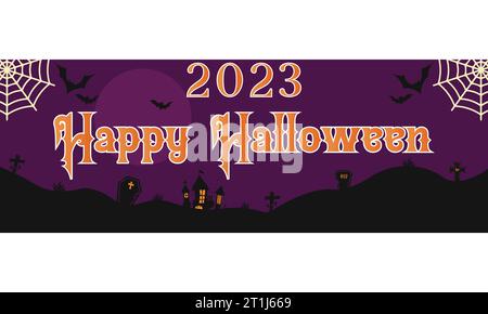 Felice Halloween 2023 Banner Label Design Bat Spooky e spaventosa tomba di Halloween Illustrazione Vettoriale