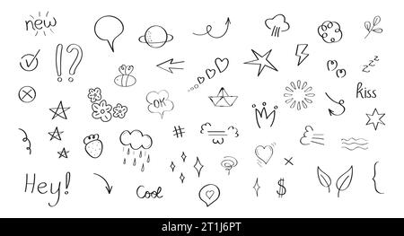 Vettore di raccolta stile Doodle per social NET. Sottolineature dello schizzo, icone, enfasi, fumetti vocali. Elementi lineari di cuore, frecce, scribble, fiore. Illustrazione Vettoriale